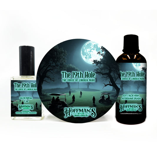 "19th Hole: The Curse of Lincoln Park" (Limited Halloween Edition) Wood spice, Oud, Orange, Jasmin, Patchouli, Cedar, Vanilla  Shaving Trio 3pc Set