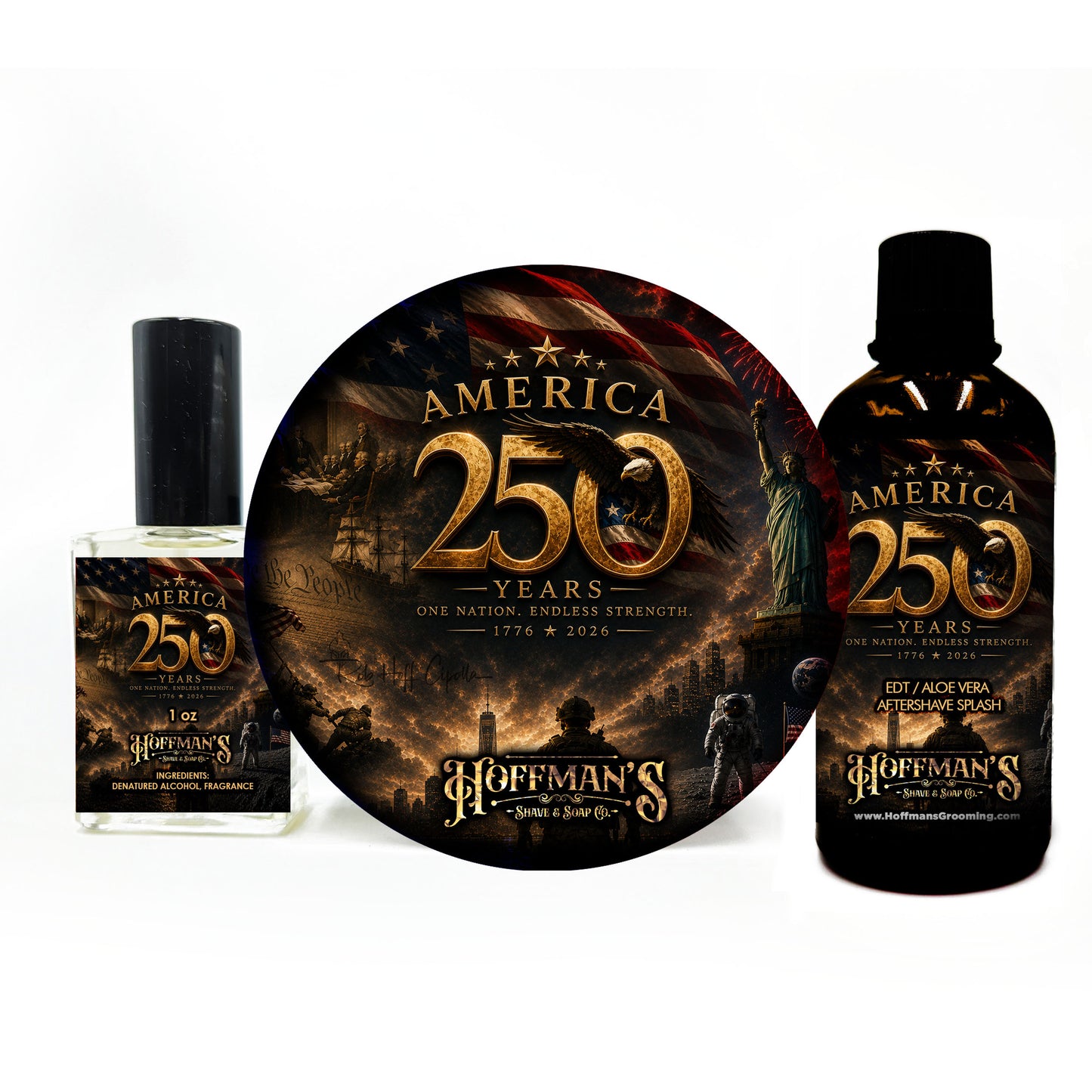 America 250 Edition (Aged Tobacco Leaves, Spiced Bourbon, Plum Wine, Orange Peel, Vanilla Musk) Shaving Trio 3pc Set W/ 250 Gift Coin