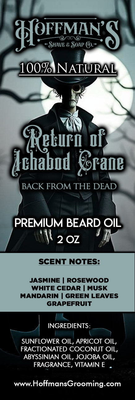 "Return of Ichabod Crane" (Limited Halloween Edition) Jasmine, Rosewood, White Cedar, Musk, Grapefruit 2oz Beard Oil (Copy)